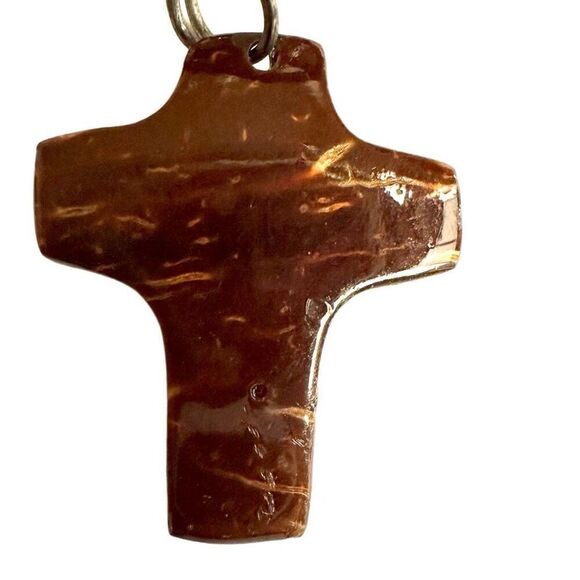 Coconut shell hand painted cross pendant necklace on cord - Picture 6 of 6